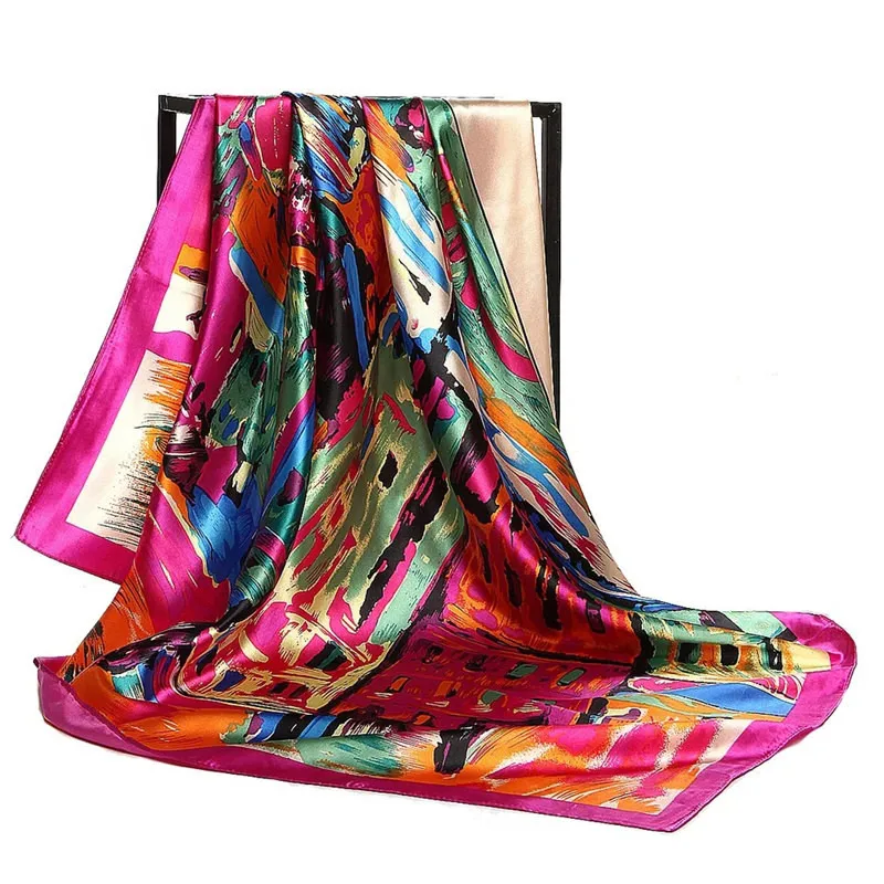 Fashion Shawl Scarves For Women Floral Print Satin Silk Hijab Scarf Female 90x90cm Square Kerchief Shawl Head Scarfs For Ladies