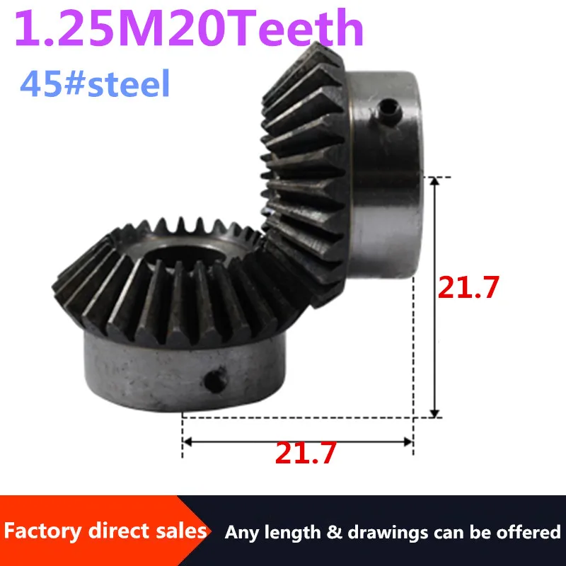 2pcs Bevel Gear 1.25M 20Teeth inner hole 8/10 mm gear 90 degrees  meshing angle Steel Gears Screw Hole M5