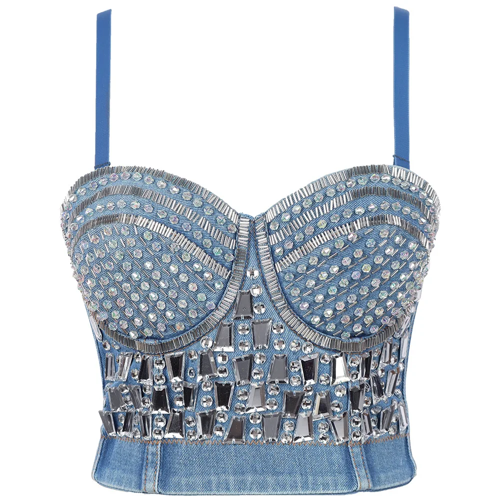 

Sexy Beading Shaping Rhinestone Denim Camisole Suspenders Vest Female Top Women's Bralette Cropped Top Vest Plus Size