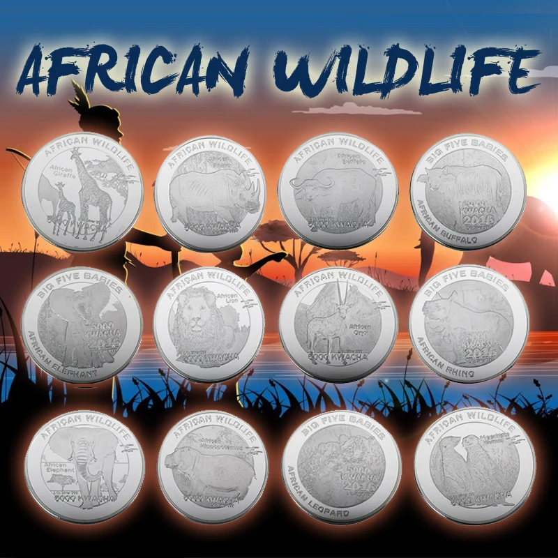 African Wildlife Zambia Kwacha Sliver Plated Commemorative Coin Animal Souvenir Coins Elephant Lion Buffalo Challenge Coin Gifts