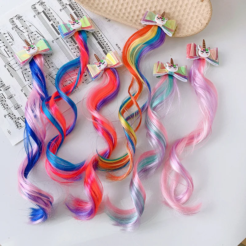 

6PCS/lot Girl's unicorn bow star curved seven color wig hair clip color wig children party wig