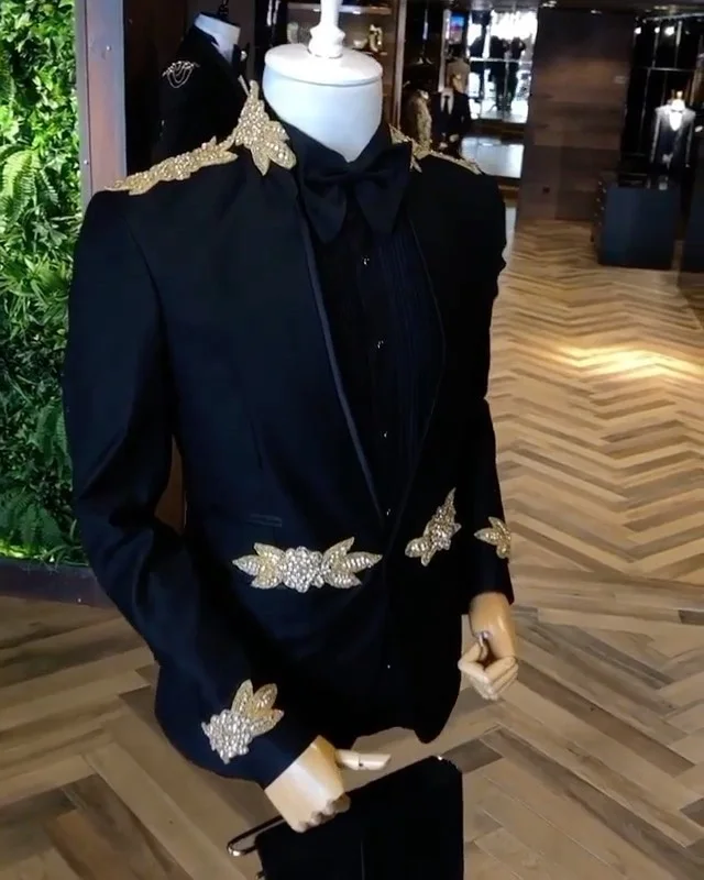 Esmoquin con cuentas de perlas doradas para hombre, ropa de novio, chaqueta de boda de un botón, trajes de negocios para fiesta de graduación, 2 piezas