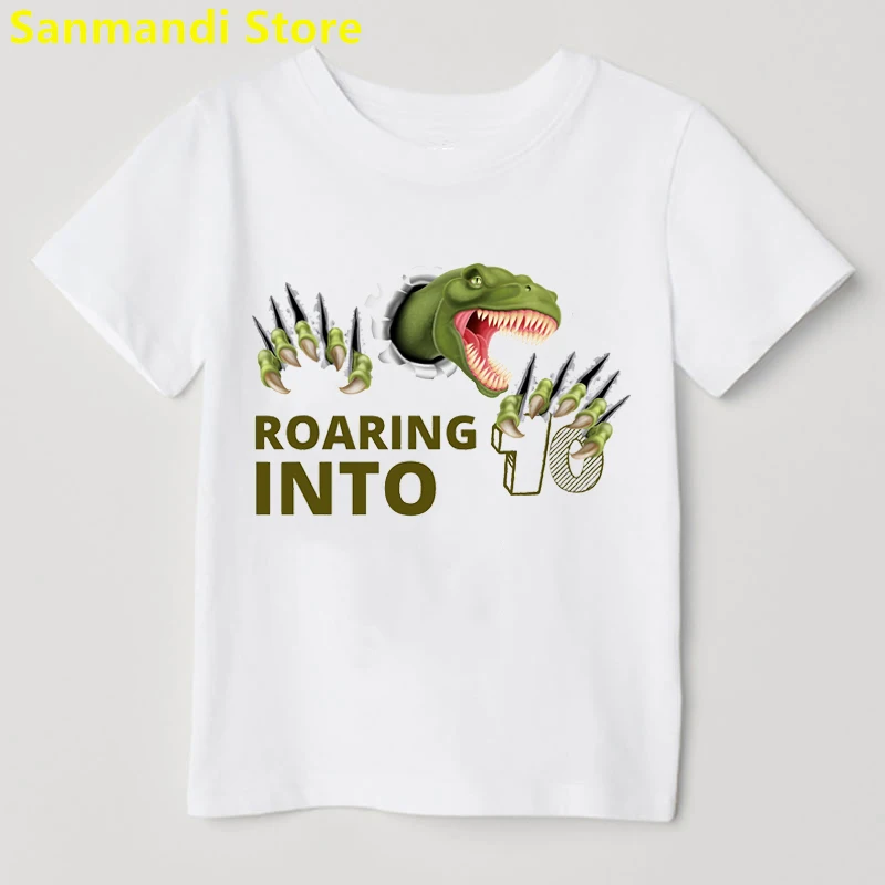 Roaring Into 4th-15th Birthday Gift Tshirt Girls/Boys Kids Clothes T-Rex Dinosaur Graphic Print T Shirt Kawaii Clothes T-Shirt