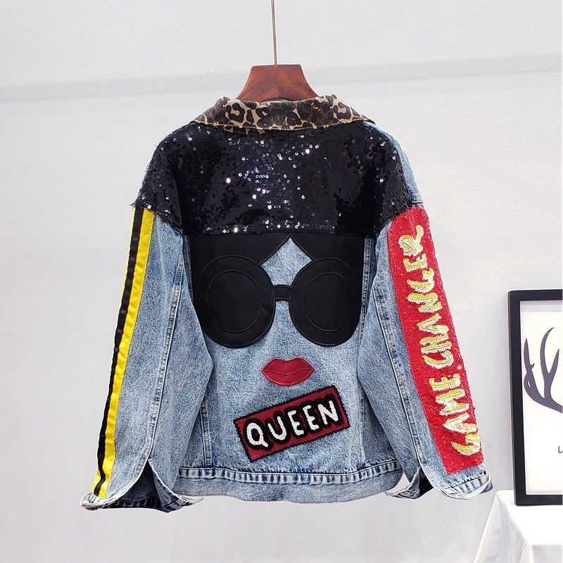 Sequins Loose Denim Jacket Girls Students High Street Party Jeans Coats Women 2023 New Female Nightclub Outwear Chaqueta Mujer