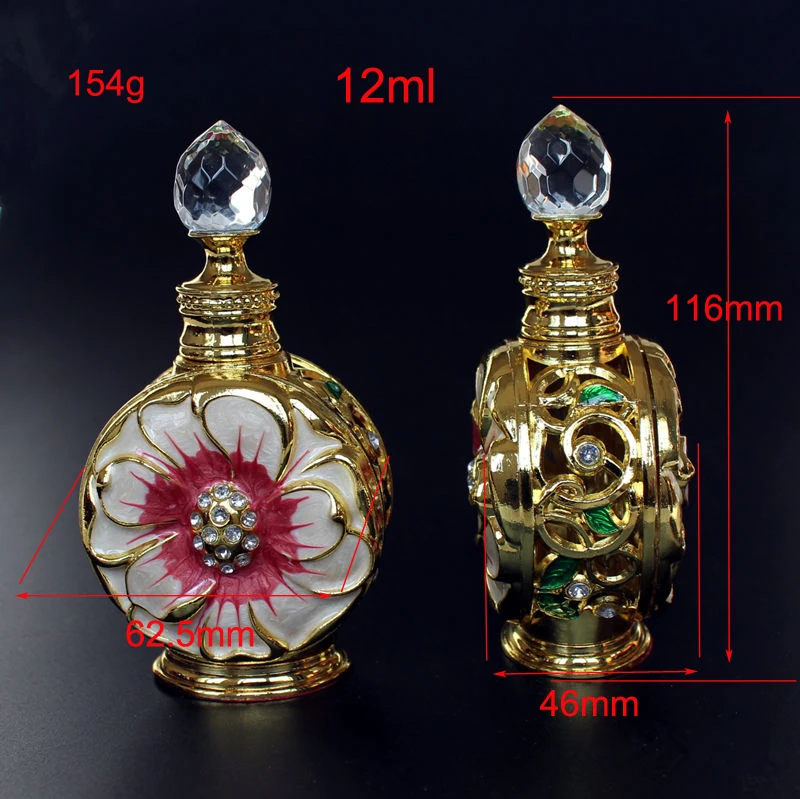 12ml Vintage Metal Perfume Bottle Glass Essential Oil Dropper Bottle Arab Style Stopper Bottle Wedding Decoration Gift