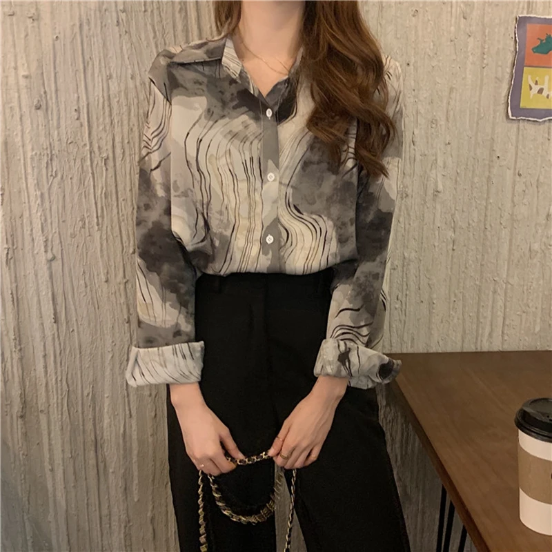 Vintage Printed Long Sleeve Shirt Blouse Spring Summer Casual Loose Long Women Shirt Korean Style Street Wear Chiffon Shirt Top