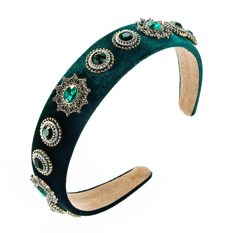 Elegancki zielony klejnot Hairband aksamitne nowe akcesoria do włosów styl pałacowy biżuteria do włosów kryształy opaski solidny barokowy hełm