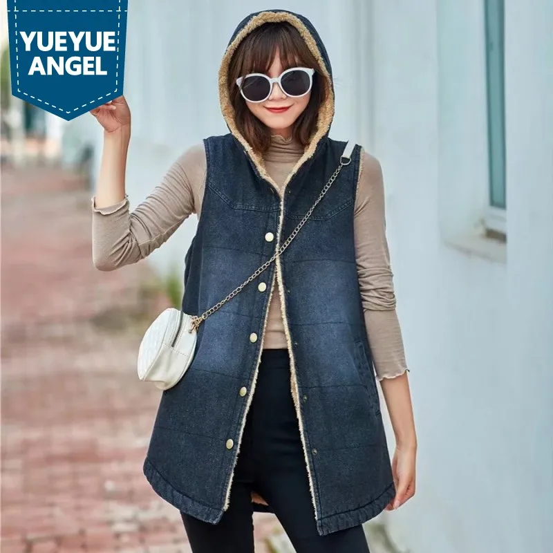 

Winter Vintage Women Fleece Lining Sleeveless Jacket Thick Warm Hoody Denim Coat Long Casual Waistcoat Single Breasted Jean Vest