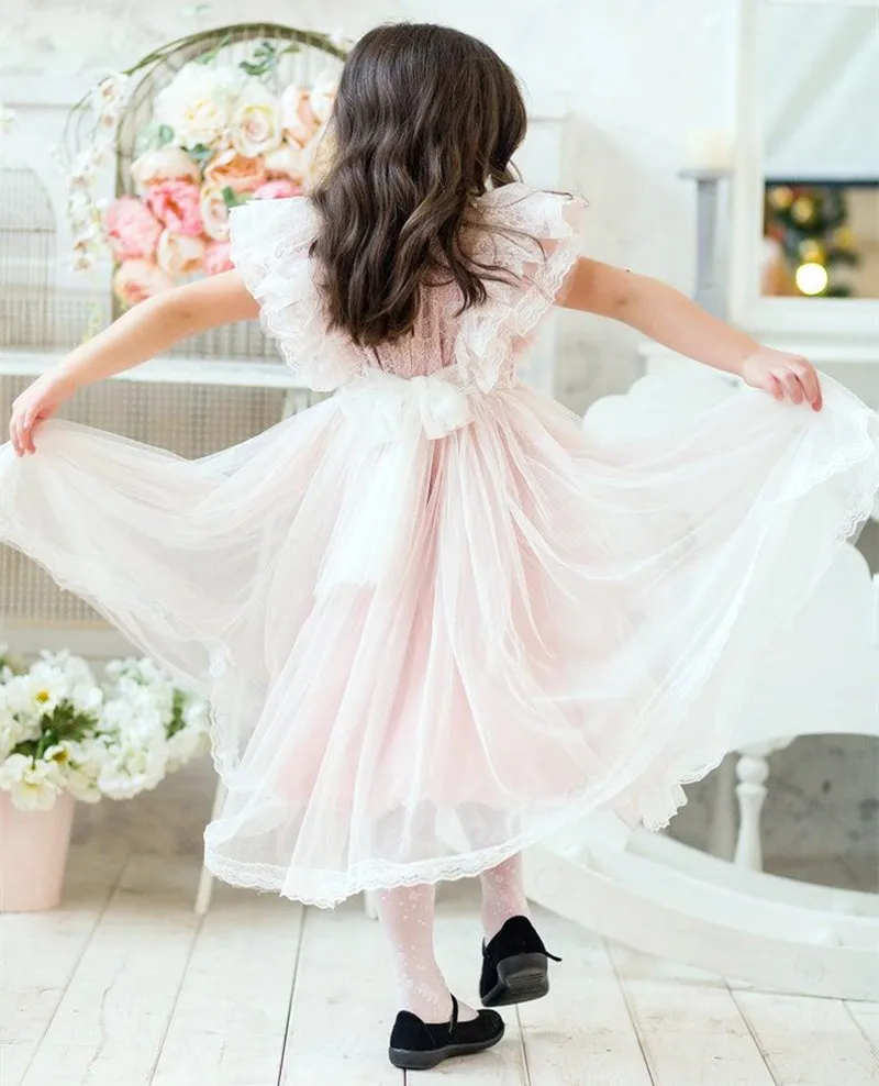 Flower Girl Dresses Tulle Fluffy Beaded Belt Girls Half Sleeve Lace Applique Dress First Holy Communion Party Dresses