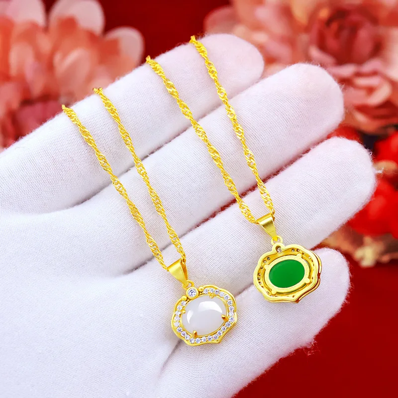 Fashion 18K Gold Chain Necklace Pendant for Women Gemstone Jewelry Green Emerald Stone Zircon Jade Clavicle Necklace Chocker