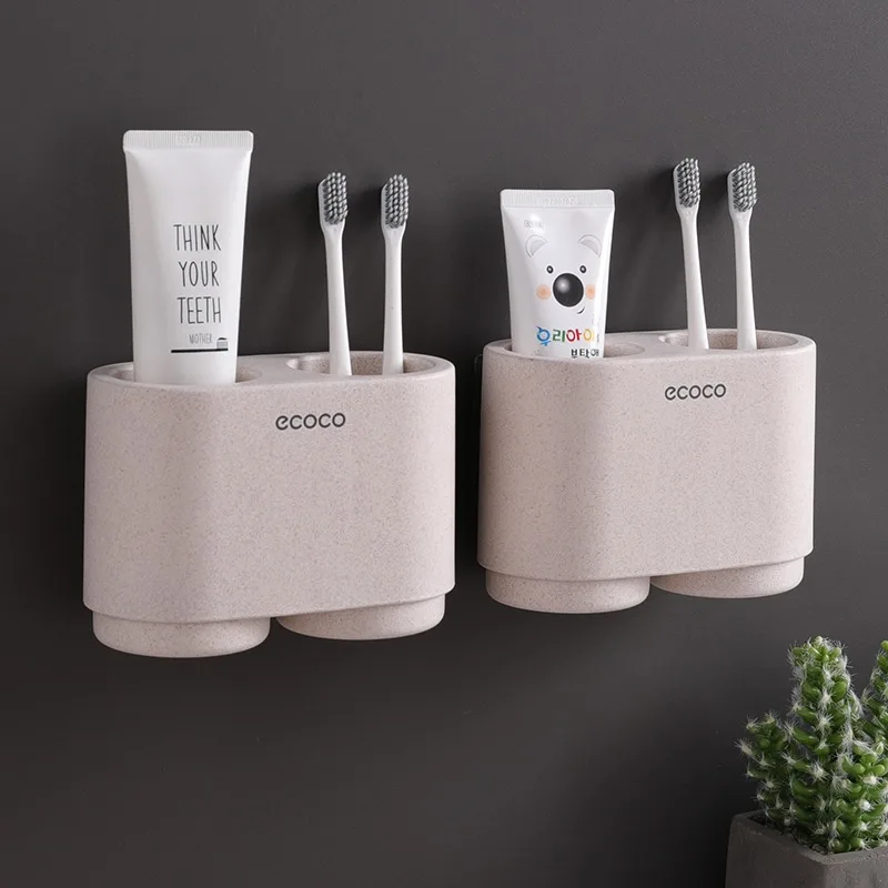 ECOCO Automatic Toothpaste Dispenser Dust-proof Toothbrush Holder Wall Mount Stand Bathroom Accessories Set Toothpaste 2 Cup Set