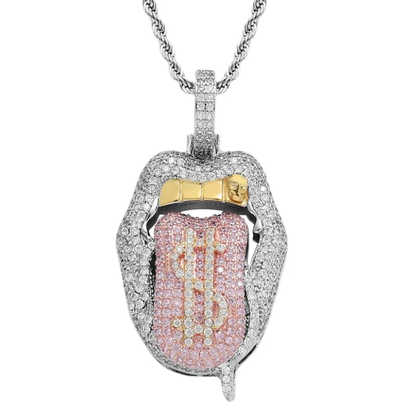 

European and American Dollar Lips Tongue Pendant Personality Micro Inlaid Zircon Men and Women Rap Necklace