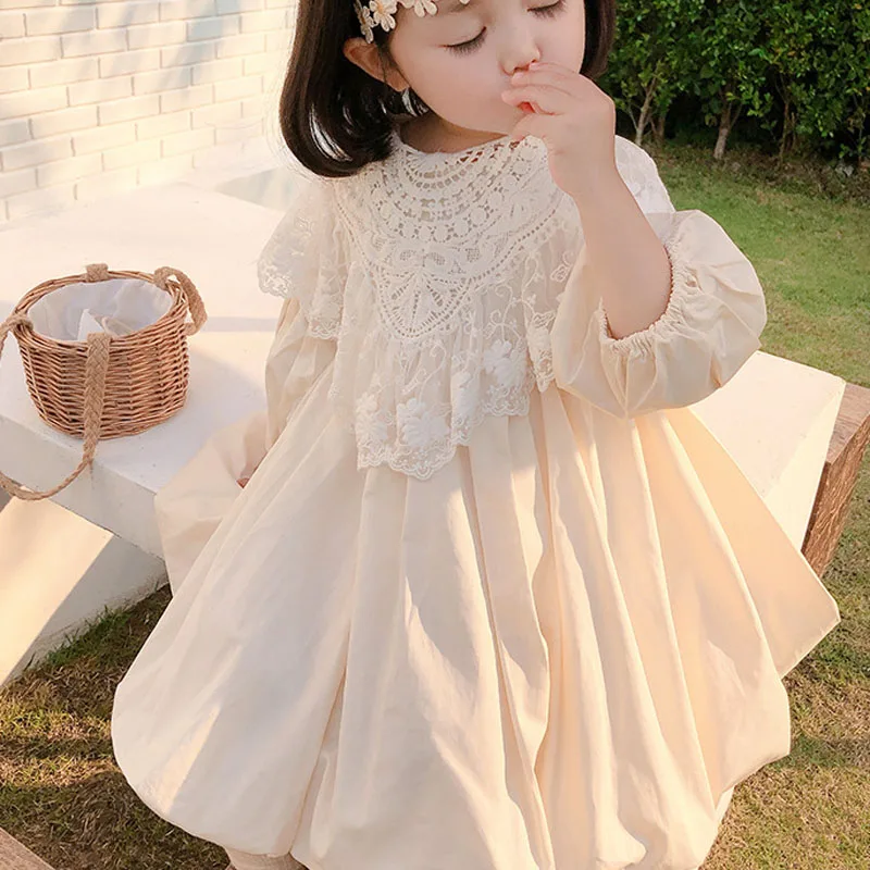 Spring Autumn Girls Dress Lace Collar Detachable Fairy Long Sleeve Princess Dress Baby Kids Clothes Children'S Clothing