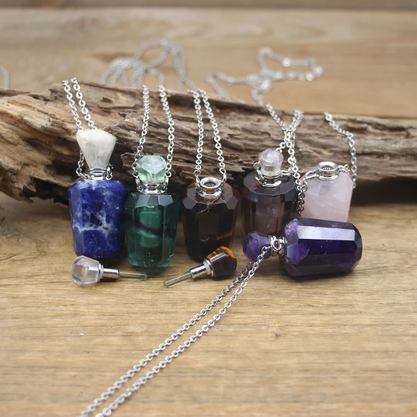 Natural Amethysts Quartz Stone Perfume Bottle Pendant Necklace Crystal Essential Oil Diffuser Vial Jewelry QC1126