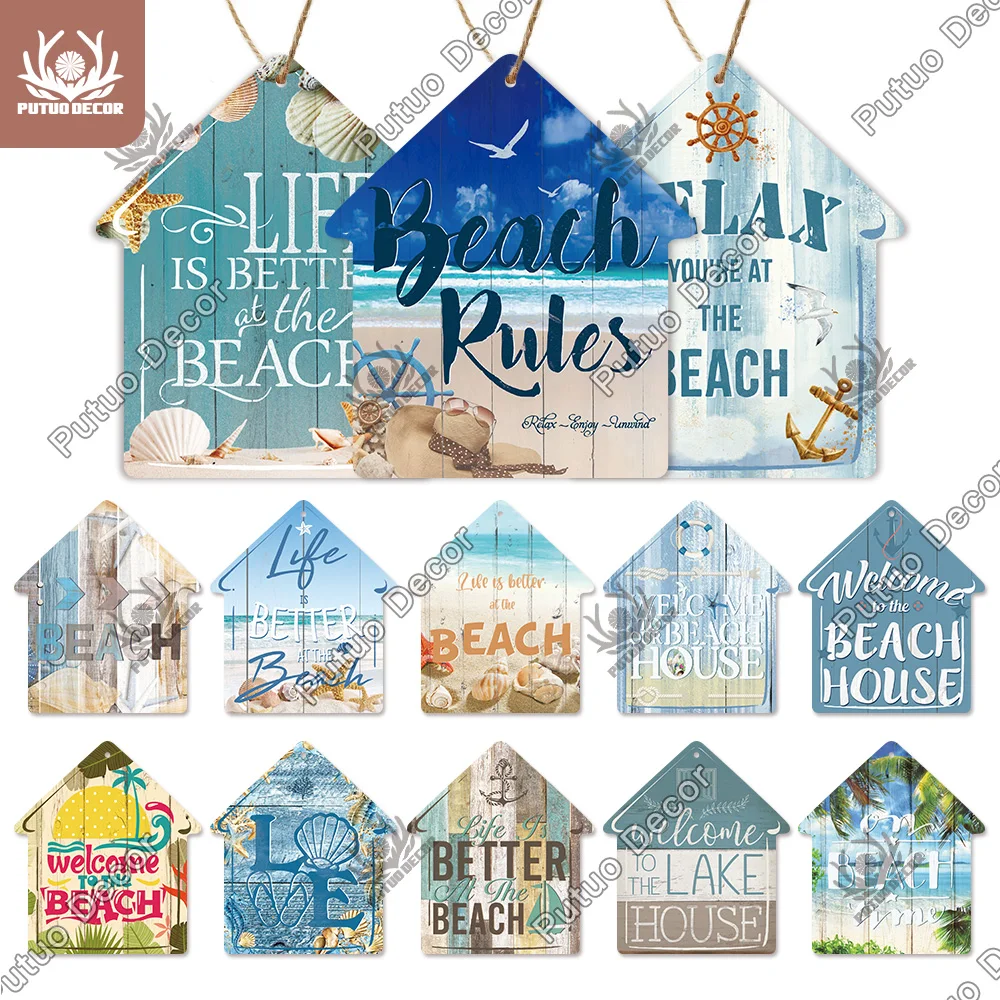 Putuo Decor Beach Sign House Shaped Wooden Plaque Summer Sign Sweet Wooden Hanging Plaque for Beach House Bar Surfing Wall Decor