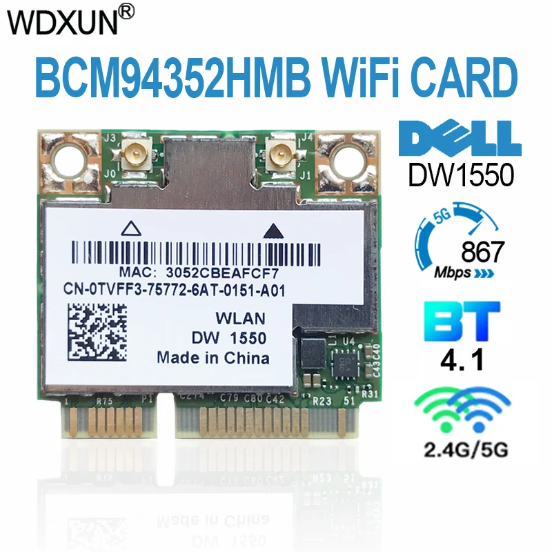 Broadcom BCM94352HMB DELL DW1550 tarjeta WiFi + Bluetooth 4,0 867Mbps WLAN inalámbrica-AC 867Mbps 802.11ac PCI-E 2,4 GHz 5GHz