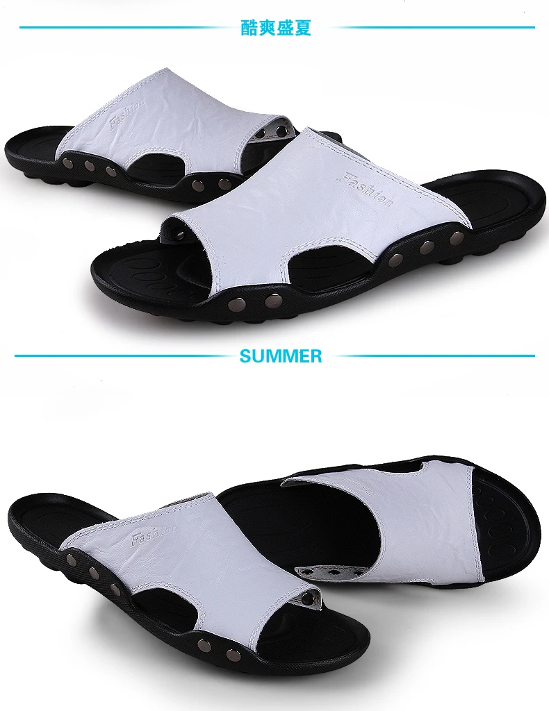 Leather Sandals for Men Summer Beach Slippers Genuine Sandals Hollow Out Breathable Flats Casual Slippers Plus Size