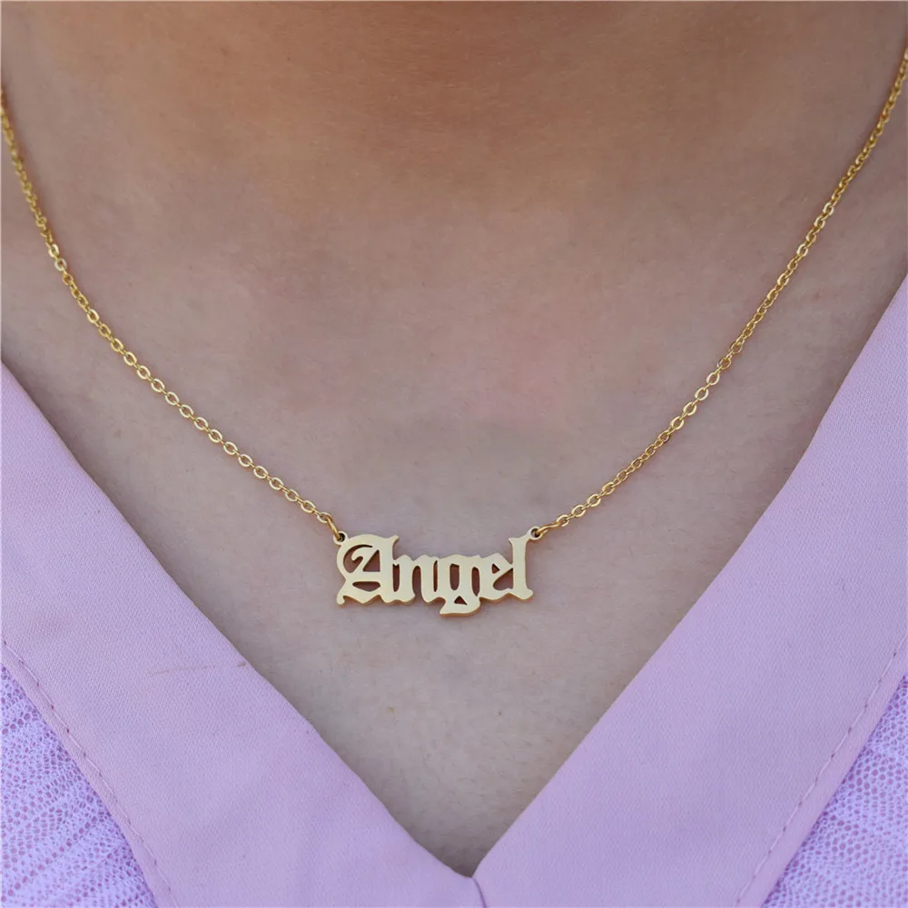 Gothic Angel Letter Charms Gold Color Choker Dainty Necklace Pendants For Women Men Steel Chain Choker Christmas Jewelry