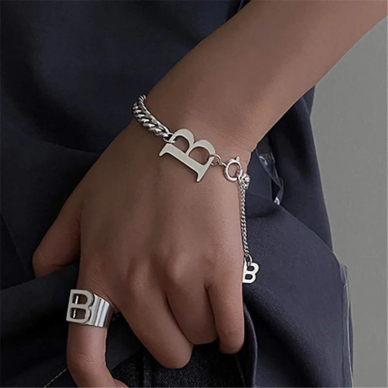 Adjustable B letter Silver Color Charm Bracelets Women Men Punk Geometric Heart Stainless Chain Hip Hop Hot Jewelry