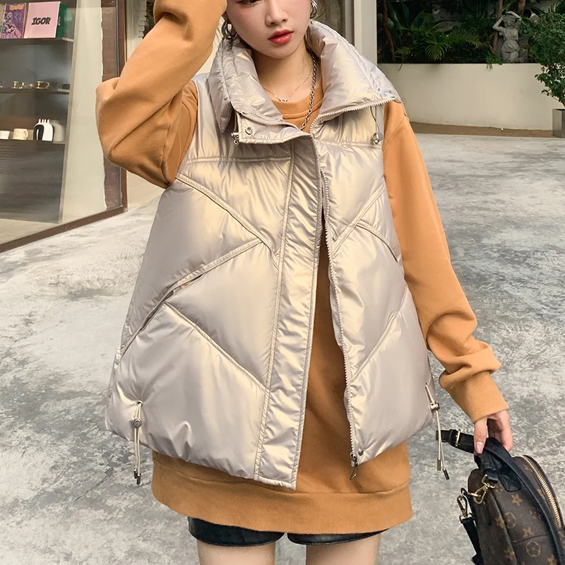 Shinny Winter Puffer Vest Women Solid Turn Down Collar Zipper Quilted Ladies Sleeveless Jacket Loose Korean Style Waistcoat New