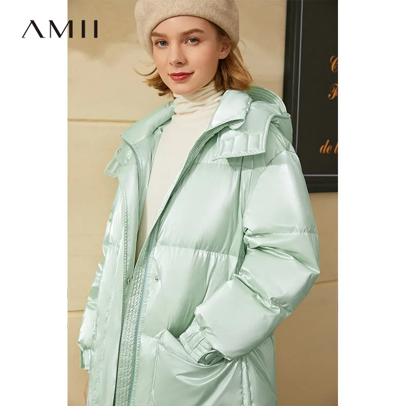 Amii minimalismo casaco de inverno moda feminina 90% pato branco para baixo jaqueta feminina causal sólido casaco com capuz feminino para baixo