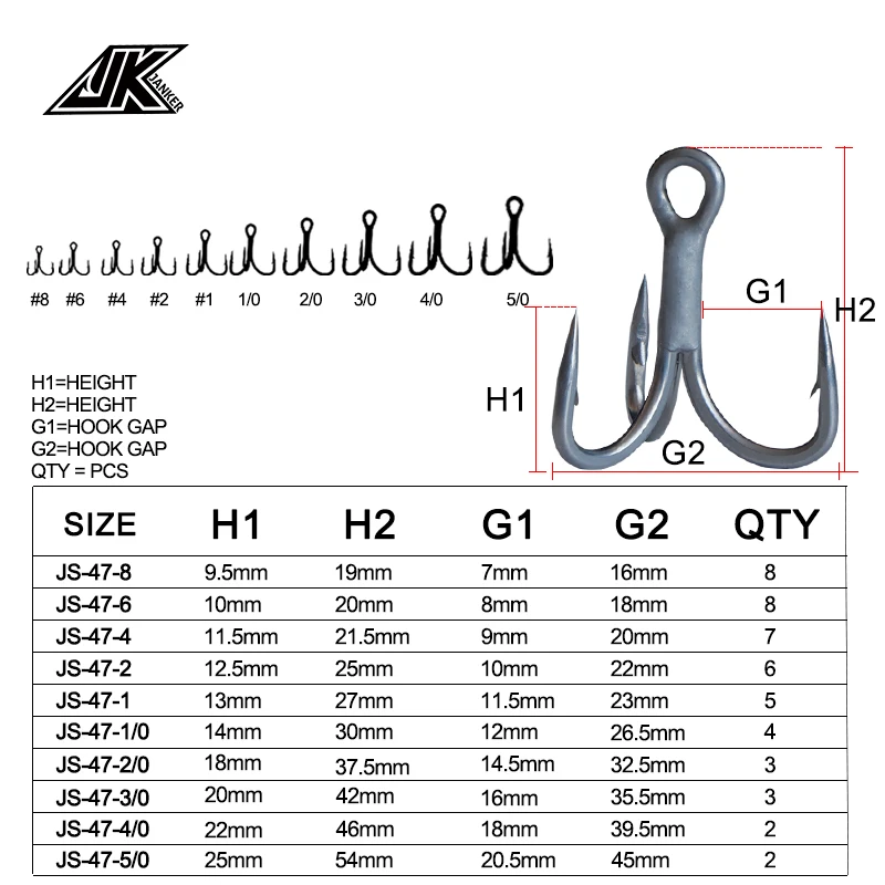 JK JS-47 Barca Da Pesca Super Antiruggine Gancio Triplo Colore Grigio 4X Forte Triple Ami Da Pesca di Alta Qualità Amo #8 ~ 5/0 Tee Gancio