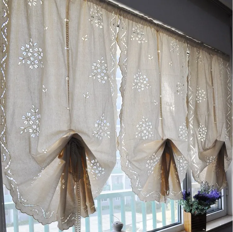 Handmade Cotton Linen Solid Beige Blackout Curtains Pastoral Hand Crochet Hollow Out Cortinas Rod Pocket Kitchen Shower Curtains