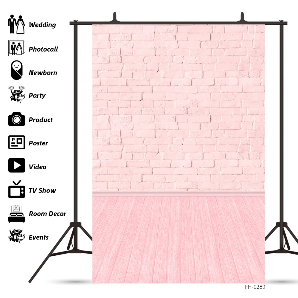 Pink Brick Wall Wooden Floor Planks Photo Studio Background Baby Shower Newborn Children Pet Party Portrait Photography Backdrop