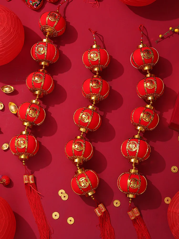 

1Pcs 2022 Chinese New Year Flocking Small Red Lantern New Year Hanging Decoration Balcony Interior Scene Decoration