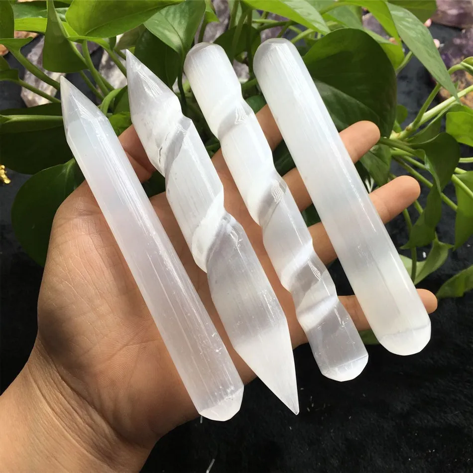 15cm Natural Selenite Acupoint Massage Wand Stick Healing Gypsum Crystal Palm Stone Point White