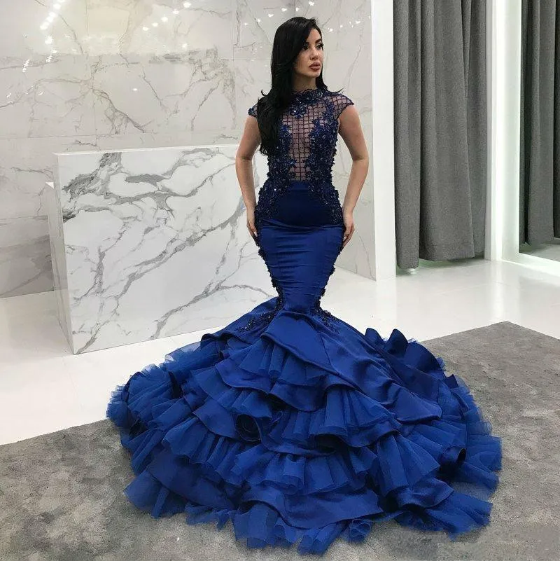 Mermaid Prom Dresses 2020 Formele Avondjurken Lace Applique Tiered Ruches Kralen Vestidos De Festa Formele Party Prom Dress