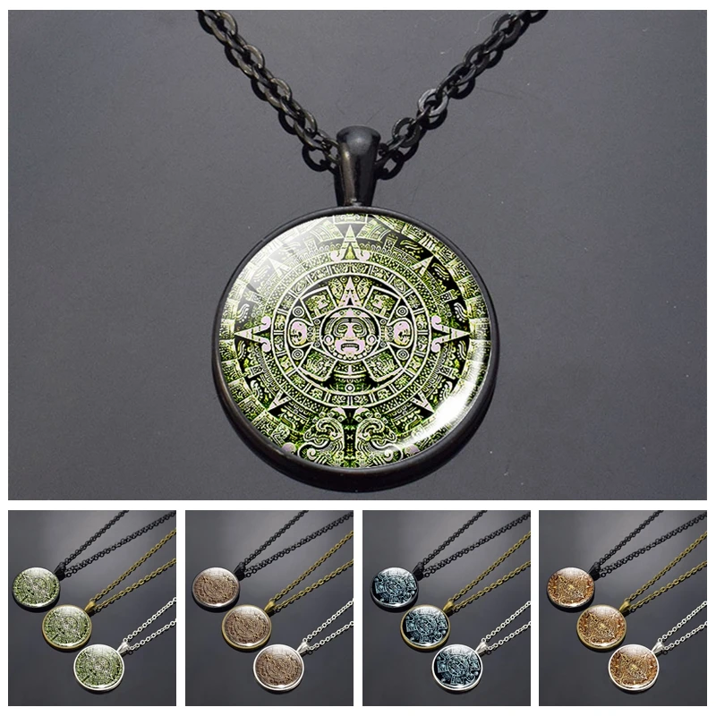 Mayan Totem Aztec Calendar Necklace Glass Dome Long Necklace Pendant Maya Calendar Fashion Jewelry Necklace Accessories Gift