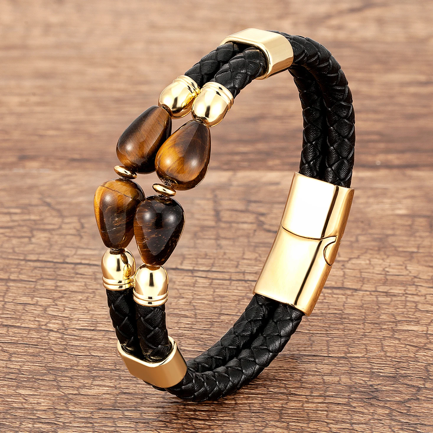 100% Natural Tiger Eye Bracelet Men Charm Multilayer Black Leather Stainless Steel Magnetic Buckle Round Stone Beads Men Jewelry