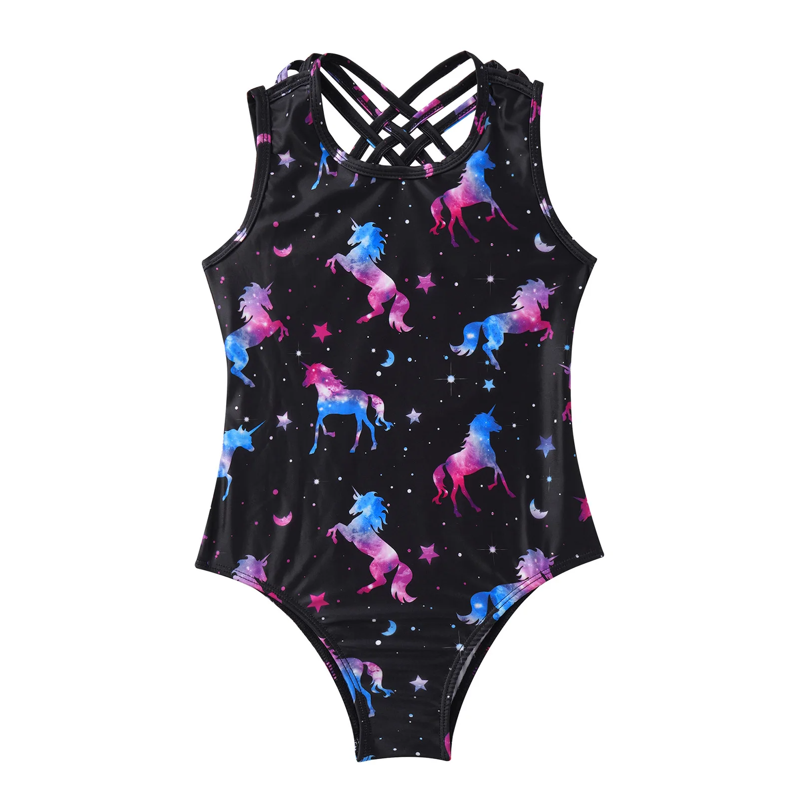 Teenager Girls Straps Cross Keyhole Back Swimsuit Swimwear Various Print Ballet Leotard Bodysuit Dance Gym Yoga Workout Jumpsuit