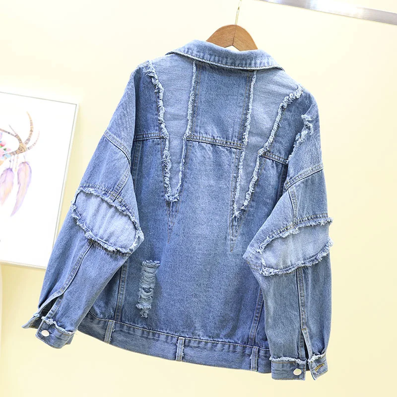 

Denim Womens Jacket Spring Autumn Loose Fit BF Style Hole Ripped Long Sleeve Jacket Student Streetwear Casual Jean Coat