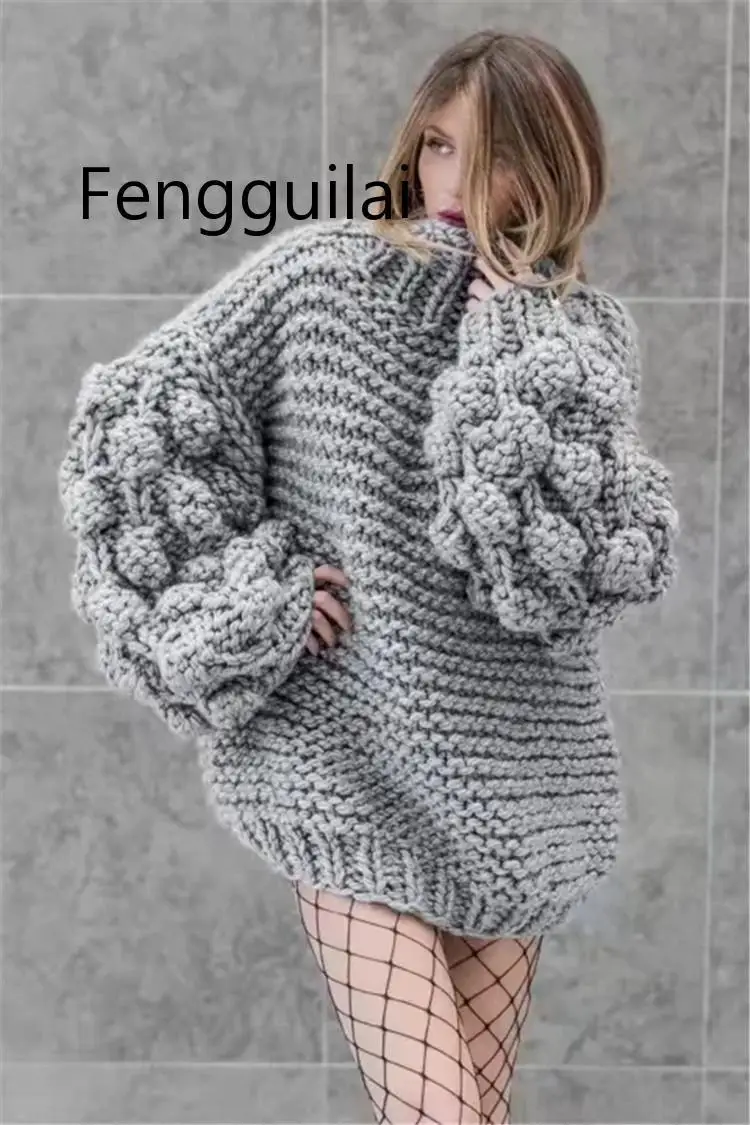 

FENGGUILAI New Autumn and Winter Loose Collar Handmade Three-Dimensional Lantern Sleeve Women's Head Knitted Sweater One Size