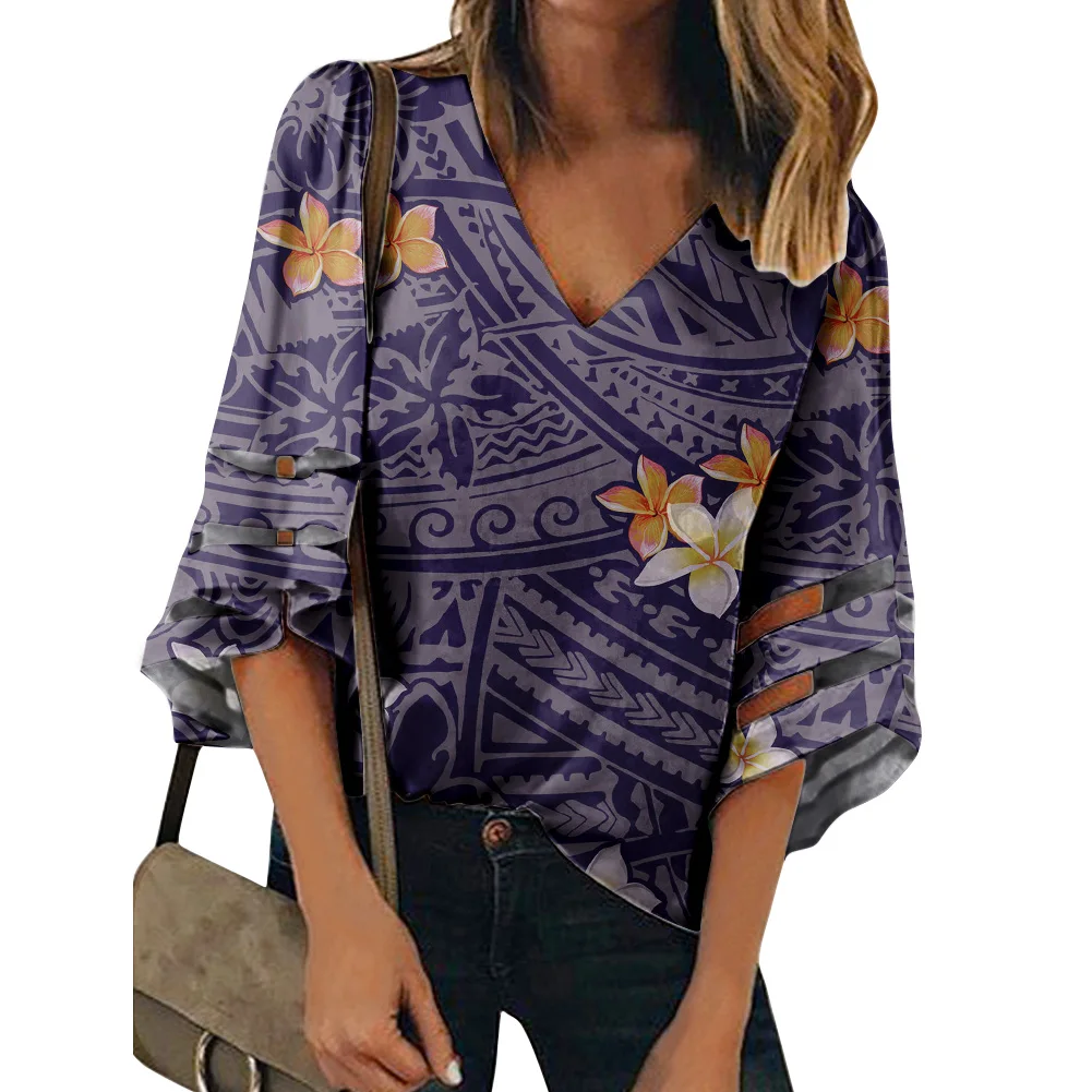 

Wholesale Price Ladies Long-Sleeved Custom Design Polynesian Tribal Purple Background With Plumeria Flower Prints Chiffon Shirt