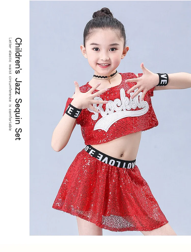 Kids Jazz Dance Costume Hiphop Dresses for Girls Stage Performance Cheerleader Costumes Holographic Sequin Top+Skirt Set