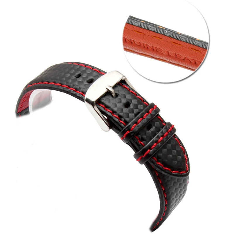 New 18mm 20mm 21mm 22mm 23mm Durable Orange Stitching carbon Fiber mens black genuine leather with silver clasp watchband strap