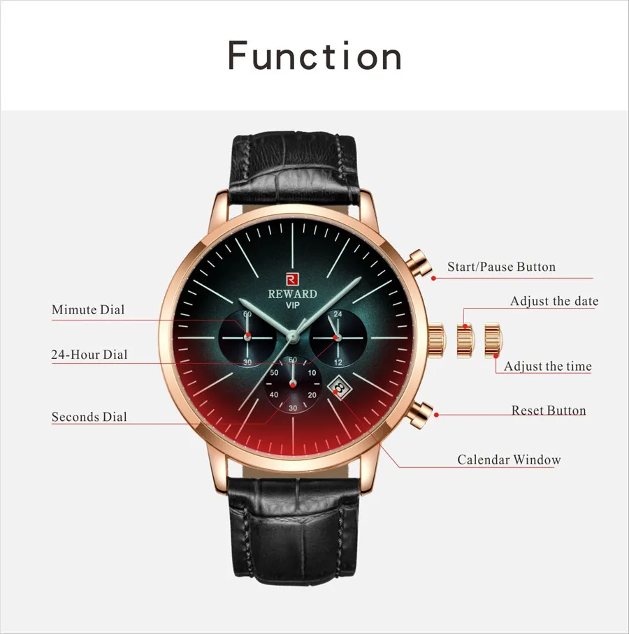 REWARD Men Watch Top luxury Multicolor glass Quartz Watches Leather Waterproof Sport Male Clock Chronograph Relogio Masculino