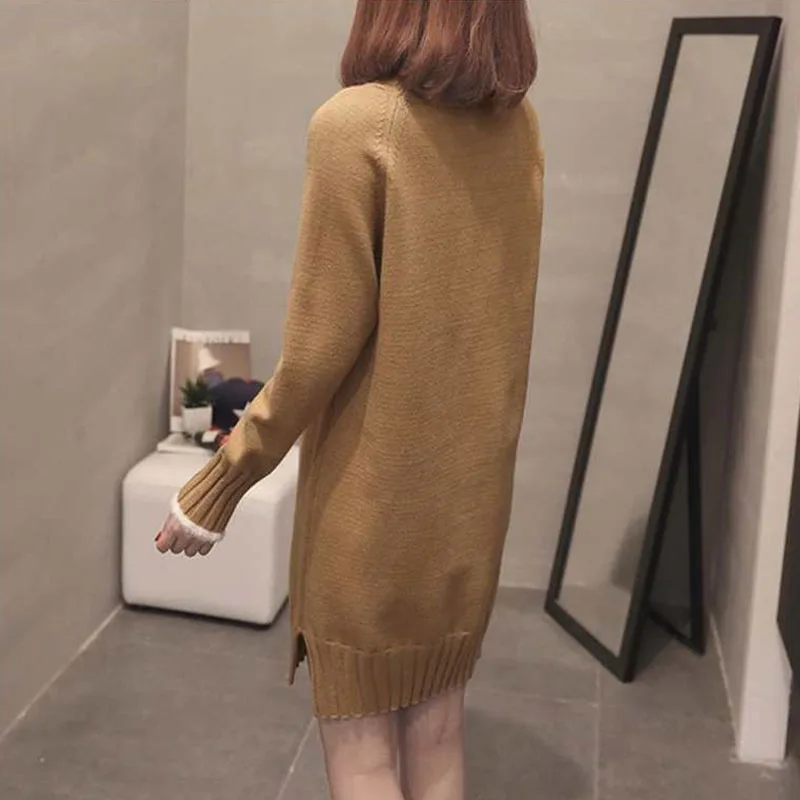 Mid-length Autumn Women Letter embroidery Knit Sweater Pullover Half Turtleneck Long Sleeve Irregular Hem Warm Jumper Sweater