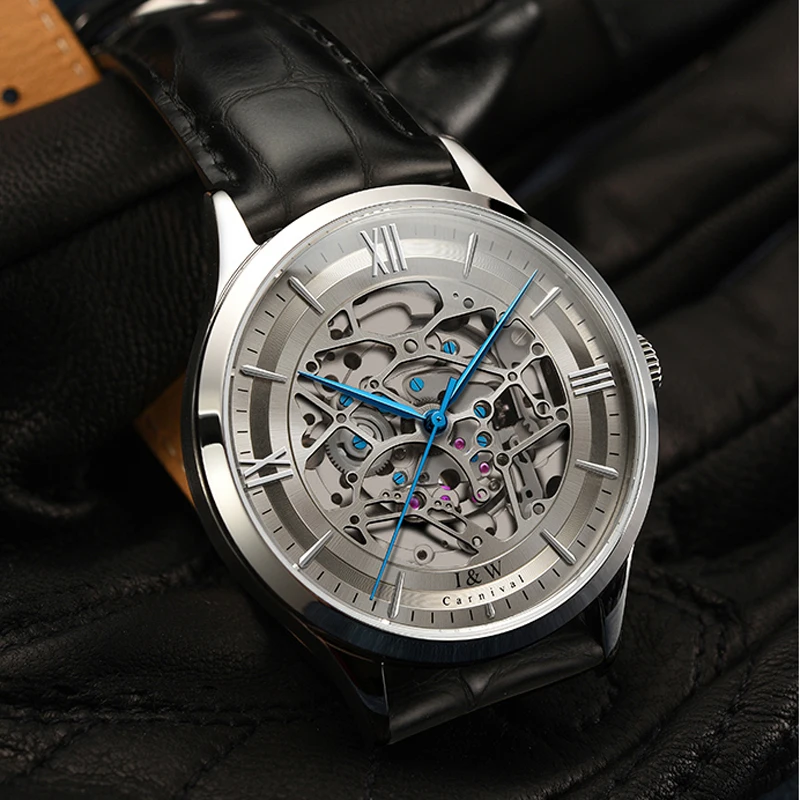 IW Luxury Brand Fashion Grey Skeleton Watch Men Automatic Mechanical Wrist Watch Leather Band Sport Waterproof Reloj Hombre