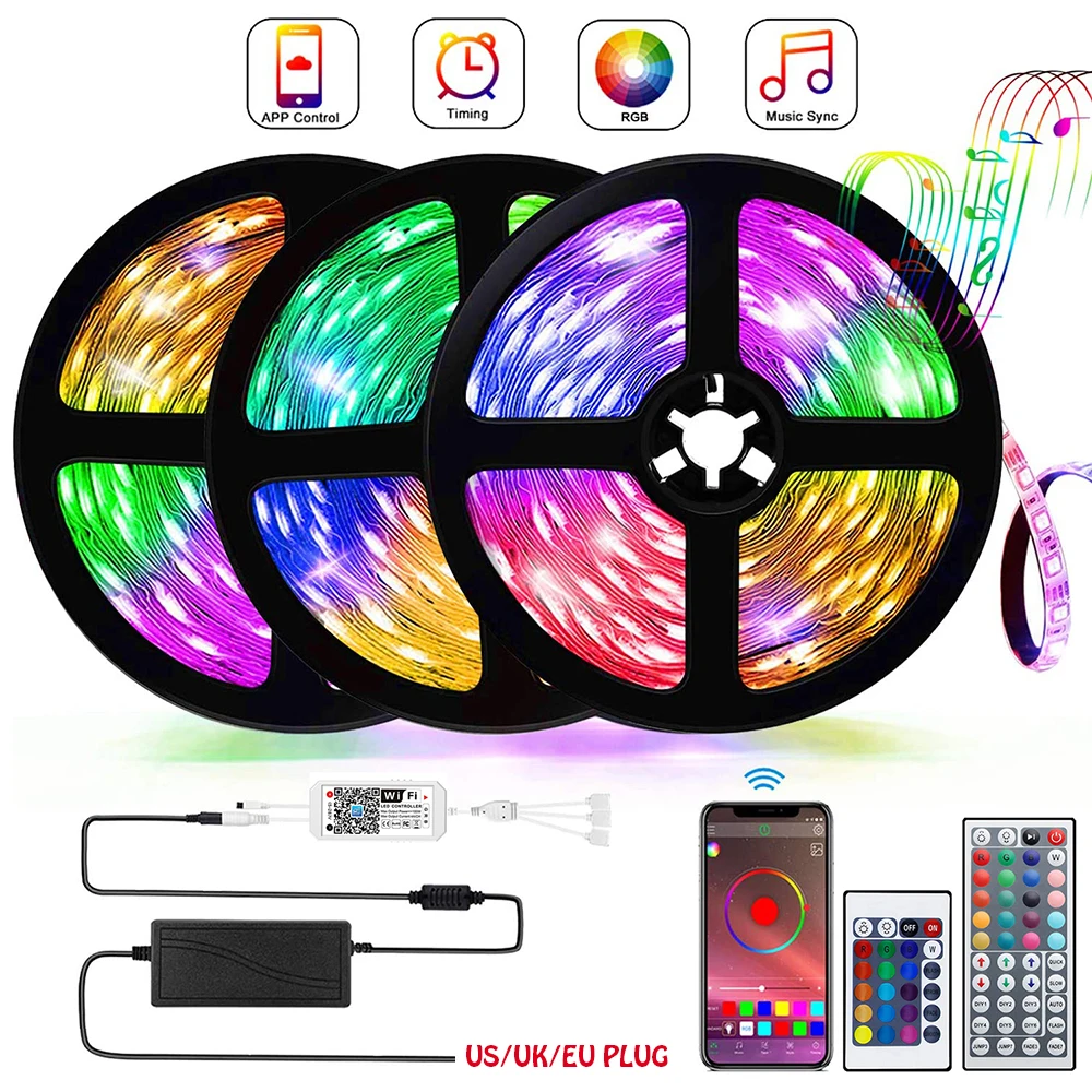 

5/10/15M Smart LED Strip Lights DIY RGB Color Changing Lights for Bedroom TV Decor IP65 5050 SMD Flexible Ribbon WiFi Lamp luces