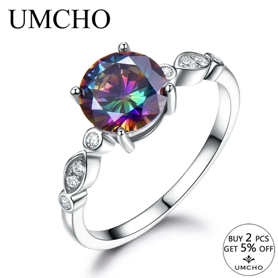 UMCHO Romantic Genuine Rainbow Fire Mystic Topaz Rings Solid 925 Sterling Silver Jewelry Engagement Rings For Women Fine Jewelry