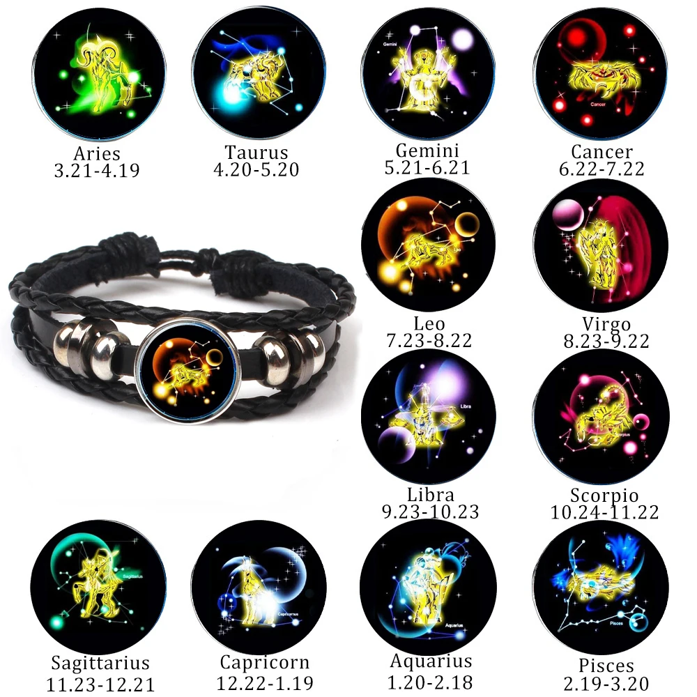 Retro New 12 Constellation Gemini Sagittarius Libra Punk Bracelet Leather Bracelet Charm Bracelet Men Women Girl Jewelry Gifts