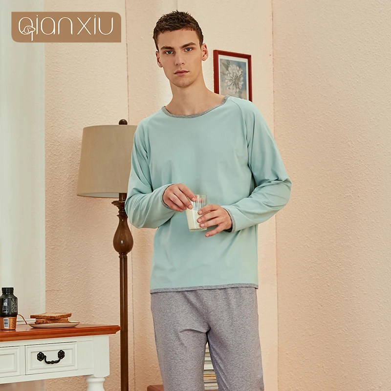 Pijamas de lana con cuello redondo para hombre, ropa de casa de algodón, camisones de talla grande, ropa informal de otoño e invierno