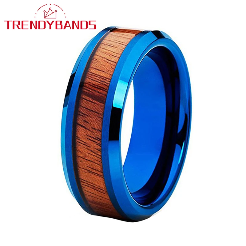 

Blue 8mm Mens Womens Tungsten Carbide Rings Wedding Bands Koa Wood Inlay Beveled Edges Polished Shiny Comfort Fit