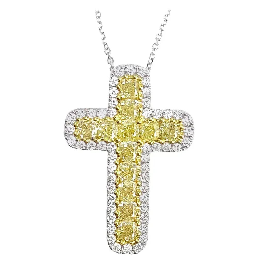 Huitan Lovely Cross Pendant Necklace Bright Yellow Color Cubic Zircon Anniversary Gift Daily Wear Women Necklace Fashion Jewelry