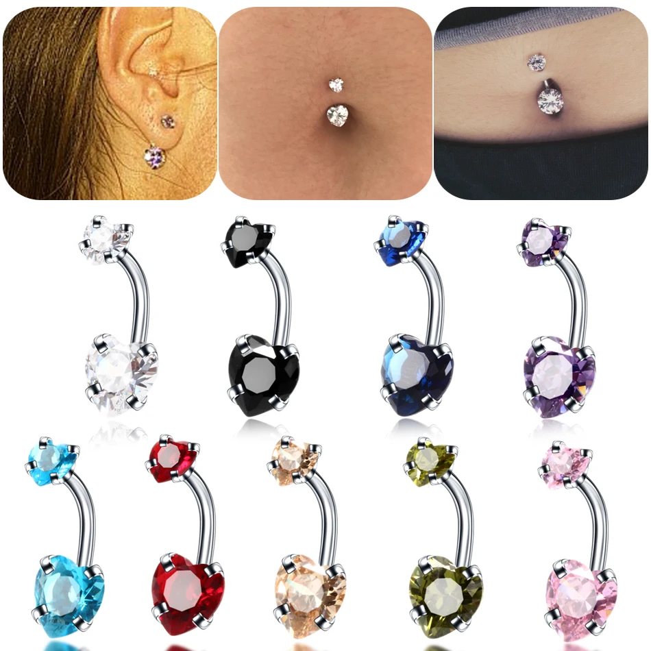 1Pc Steel Belly Button Rings Heart Crystal Zircon Earring Tragus Navel Helix Piercings Ombligo Barbells Stud Body Jewelry