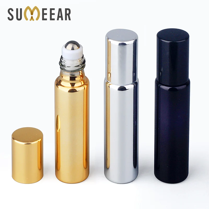 50 Pieces 10ml perfume oil bottles Refillable UV Glass Perfume Bottle With Roll On Empty Essential Oil Vial Steel Roller Bottles